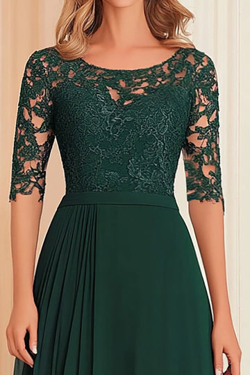 Elégant vert foncé A-ligne col bateau en mousseline de soie Longue mère de la mariée robe avec appliques de dentelle